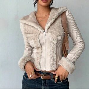 Women's Cream Faux Fur Trim Jacket